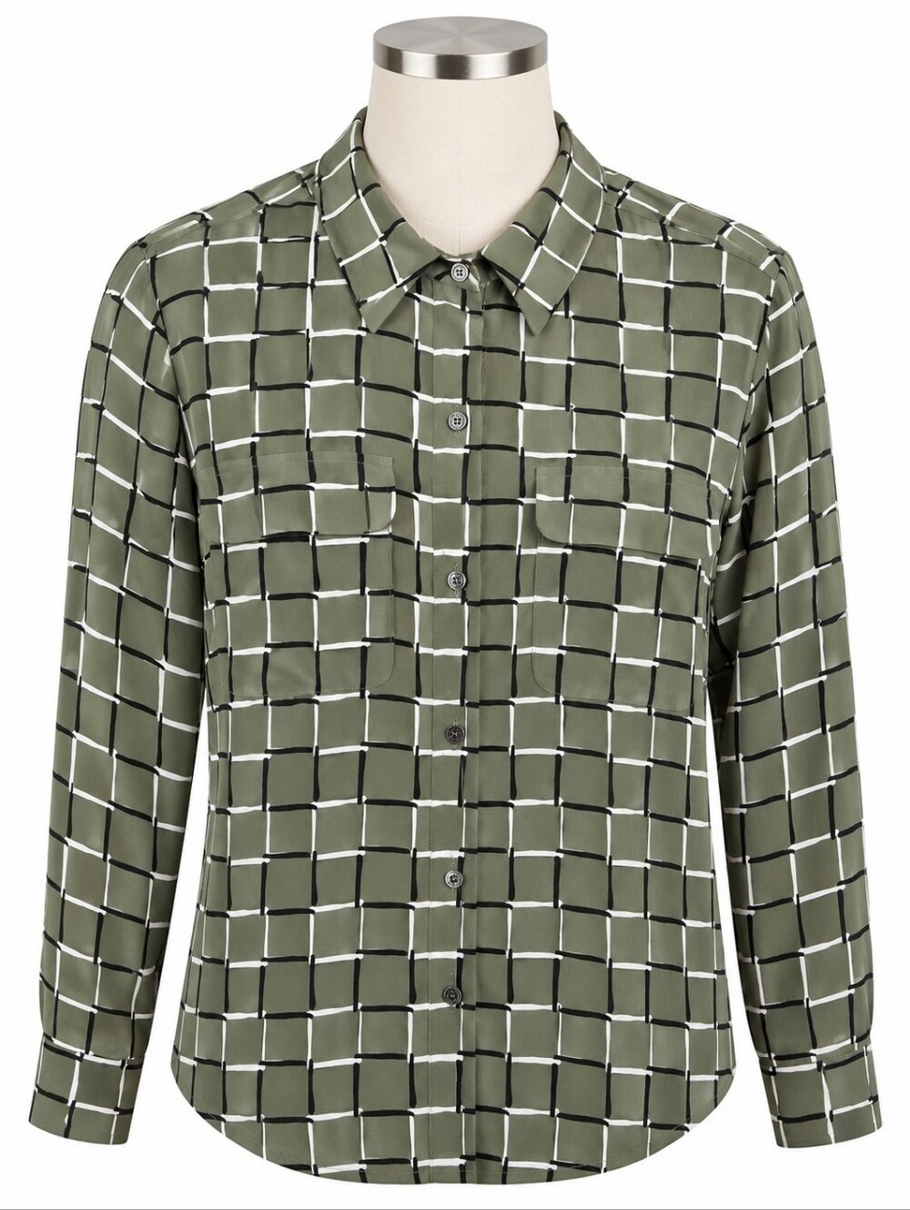 EQUIPMENT Femme Silk Button Down Shirt Sz M Olive Green Black Plaid Grid Pocket